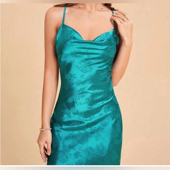 Elegant Teal Satin Dress - Picture 2 of 4